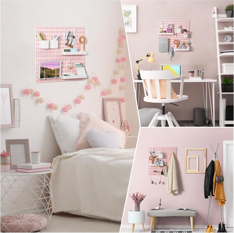VUSIGN Pegboard Combination Wall Organizer Kit, 4 Pieces Pegboards and 17 Accessories Modular Hanging, Wall Mount Display Peg Board Panel Kits for Bedroom, Home, Office, Bathroom, 22" x 22", Pink - Image 2
